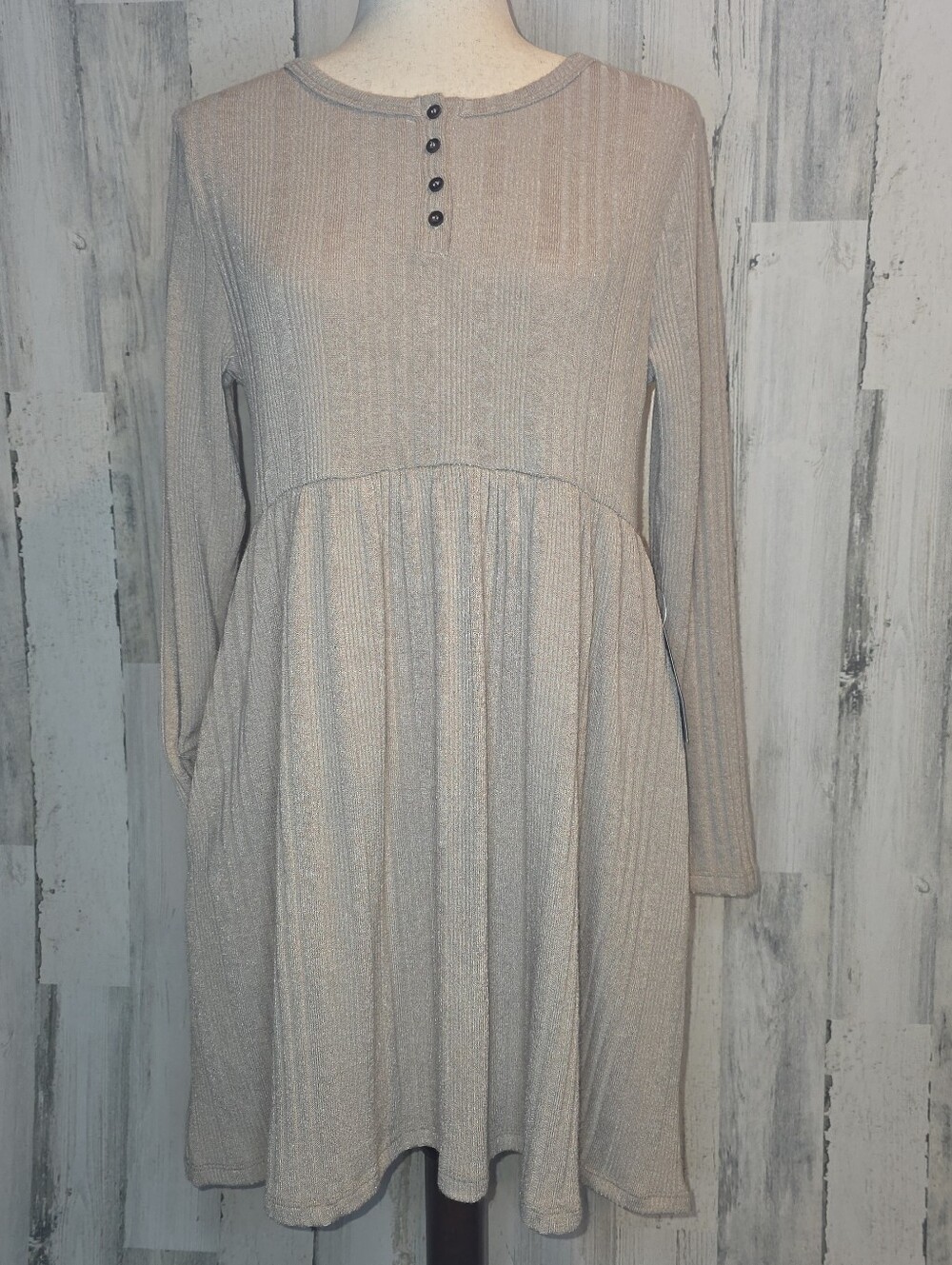 Lush NWT Ribbed Babydoll Midi Dress Beige Long Sleeve Pockets Boho Cottagecore L